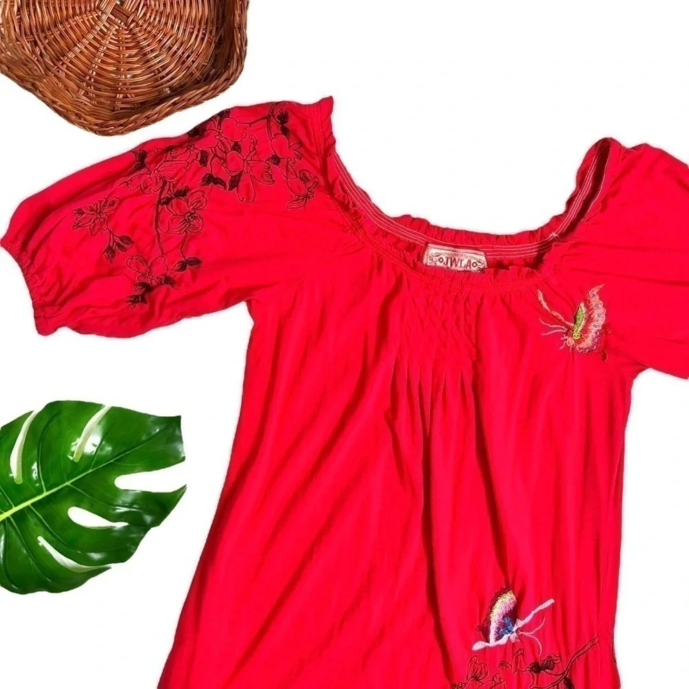 JW Los Angeles Johnny Was Red Multi Floral Butterfly Embroidered Dress Small